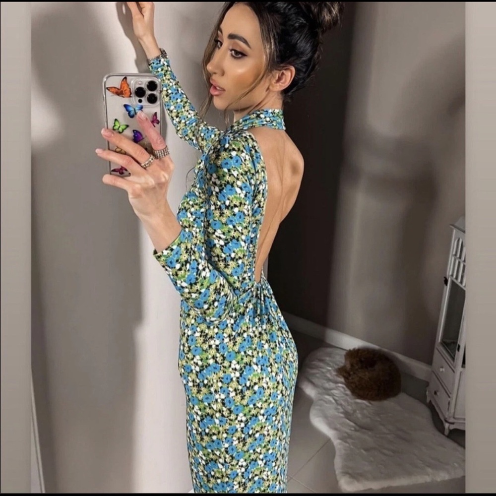 Zara green blue floral long-sleeve midi dress high neck Kentucky Derby Medium - Picture 7 of 14
